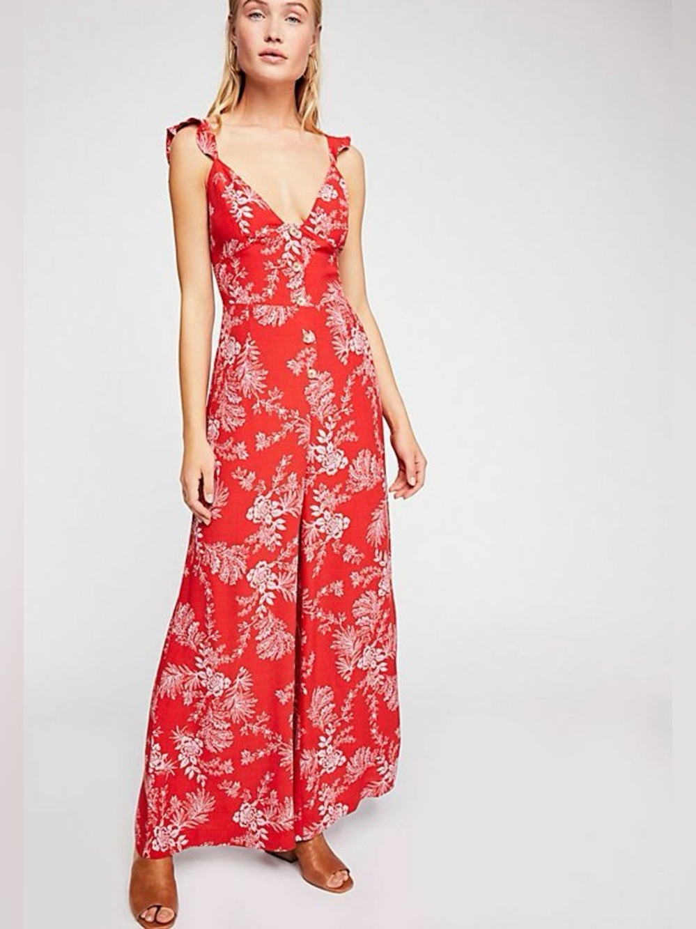 NWOT Free People RED COMBO BE THE ONE WIDE LEG JUMPSUIT, size 2